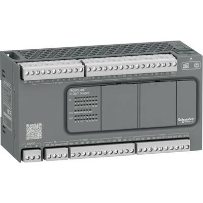 Schneider Electric TM200C40T PLC controller module with multiple screw-terminal rows and labeled I/O ports on a gray industrial unit.