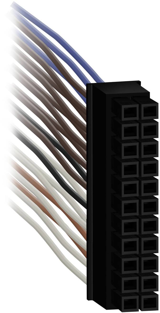 Close-up of a black 20-pin computer power connector with multicolored wires extending from the side on a white background.