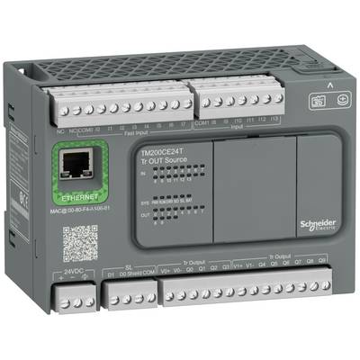 Schneider Electric TM200CE24T industrial controller with Ethernet port, terminal blocks, and status LEDs on the front panel.<br>
