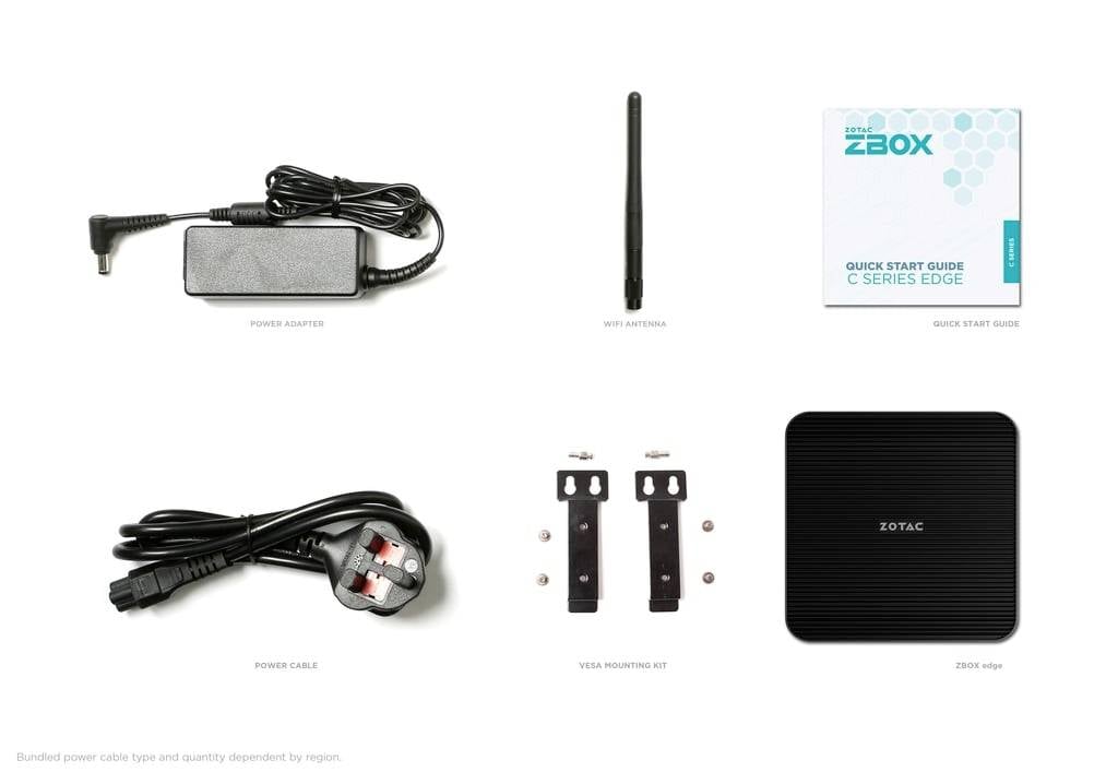 Bundle contents for a ZOTAC ZBOX mini PC: power adapter, Wi-Fi antenna, quick start guide, power cable, VESA mounting kit, and ZBOX unit.