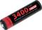 Black 18650 rechargeable battery labeled '3400 mAh' with protection circuit, shown in close-up on a white background.