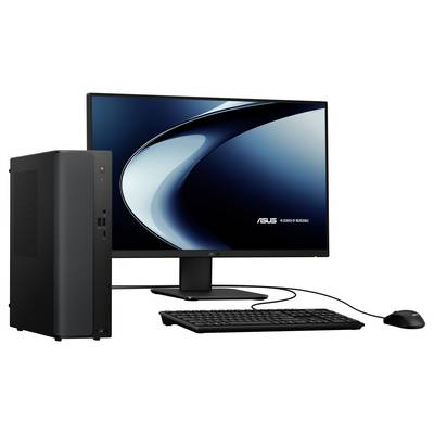Desktop computer setup with tower, monitor, keyboard, and mouse on a white background.