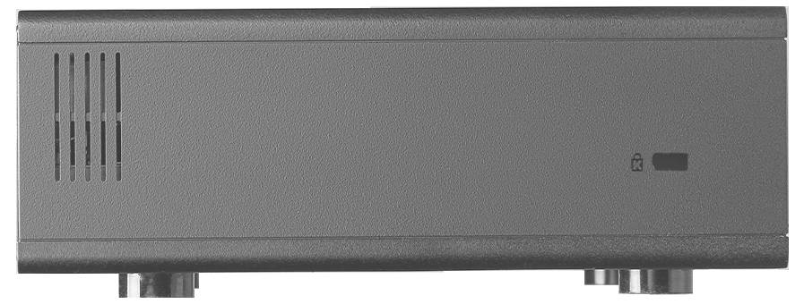 Gray rectangular metal device viewed from the front, with ventilation slots on the left and a small lock indicator on the right.