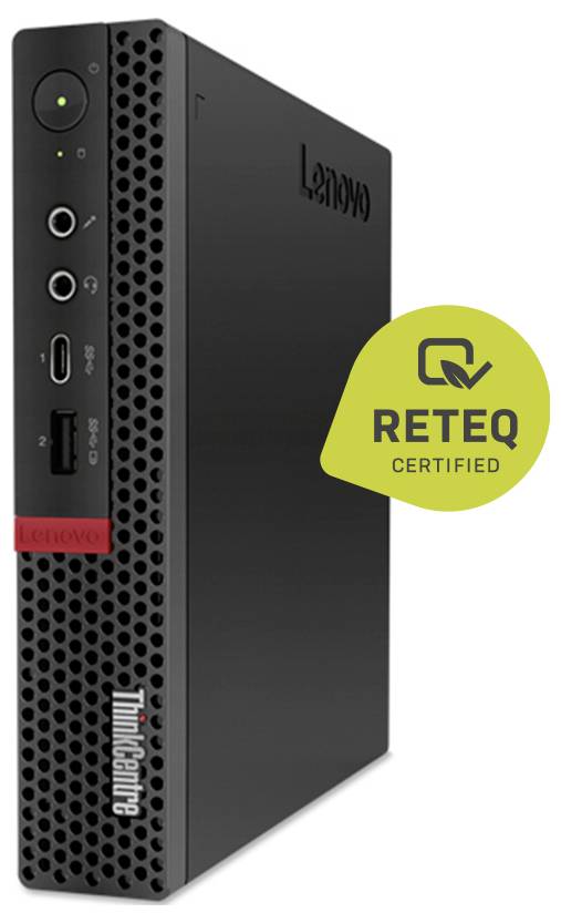 Lenovo ThinkCentre mini desktop PC shown in a front-left view, with visible power button, ports, and Reteq Certified badge.