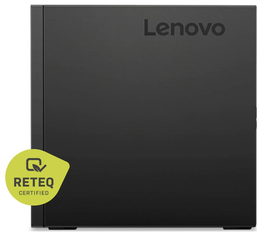 Black Lenovo desktop tower front view with a 'RETEQ CERTIFIED' badge in the lower left.