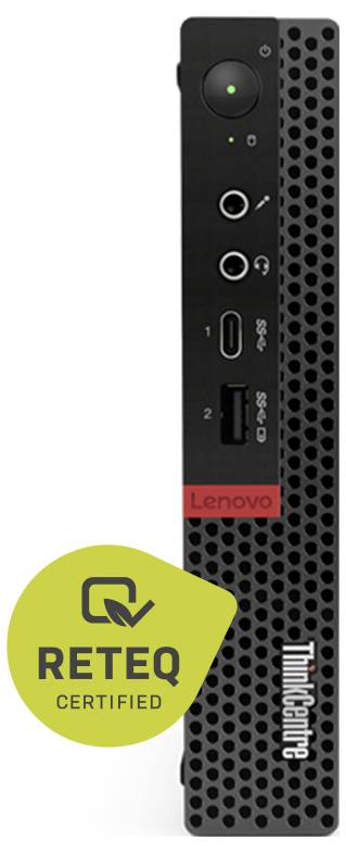 Front view of a Lenovo ThinkCentre mini PC tower with visible power button, USB ports, and 'RETEQ Certified' badge.
