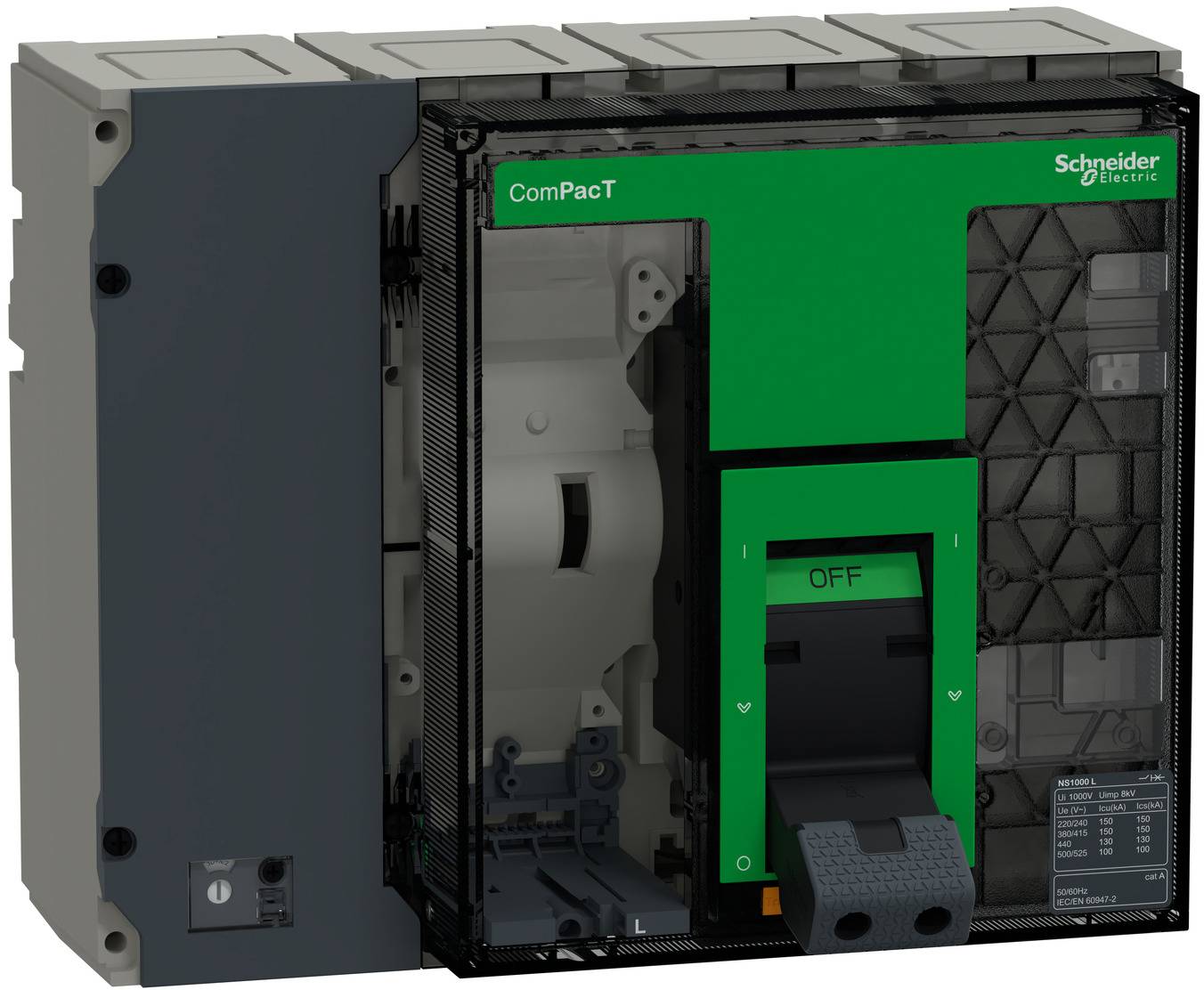 Schneider Electric ComPacT circuit breaker with green front panel and visible ON/OFF switch on a white background.