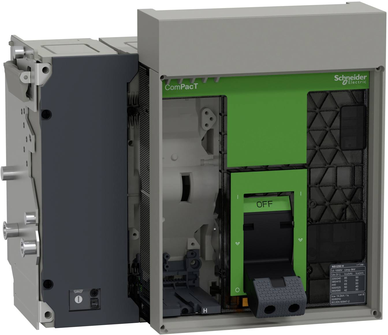 Opened Schneider Electric ComPacT circuit breaker with green front switch and exposed internal components.