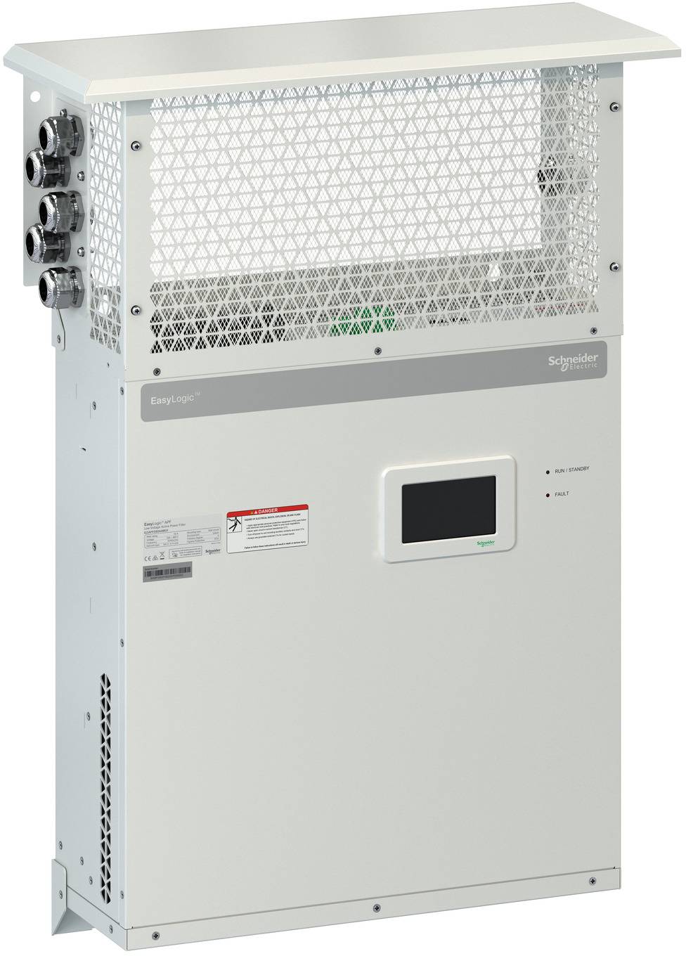 Wall-mounted Schneider Electric battery backup unit with vented top grille, side connectors, and a small front display panel.