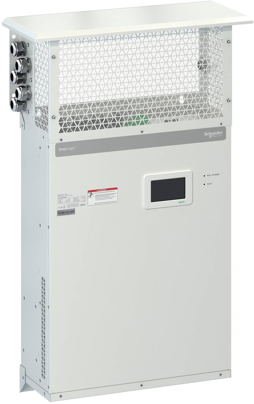 Wall-mounted Schneider Electric electrical control cabinet with vented top panel, side connectors, small display, and indicator lights.<br>