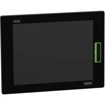 Black Schneider Electric Harmony touchscreen panel with a large blank display and green side control button.
