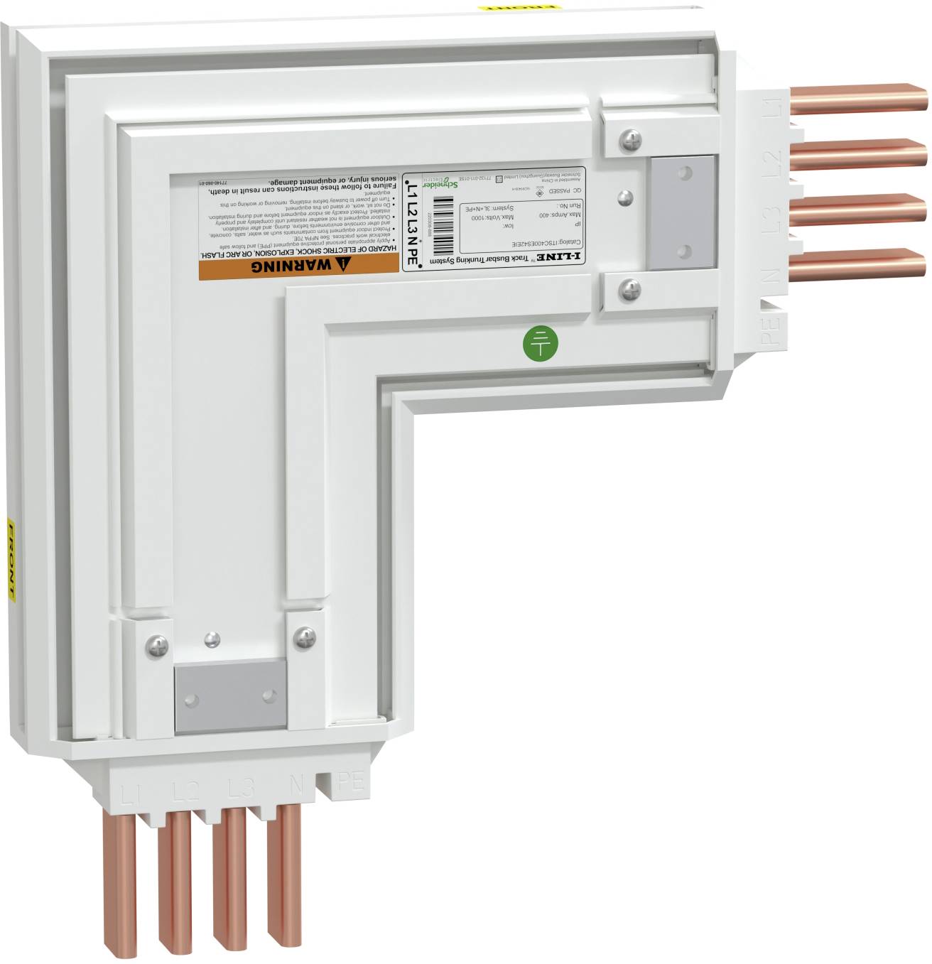 L-shaped electrical corner connector box with copper cables attached and a warning label, shown on a white background.