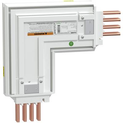 L-shaped electrical corner connector box with copper cables attached and a warning label, shown on a white background.