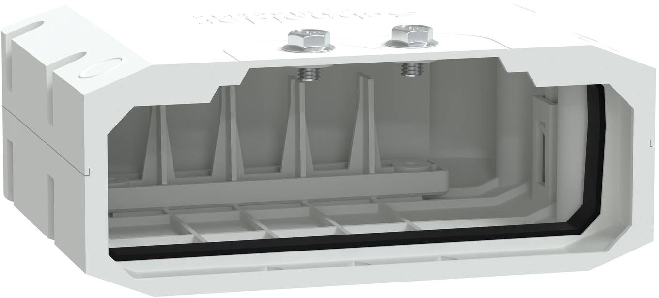 Cutaway view of a rectangular electrical connector housing showing internal terminals and mounting posts.