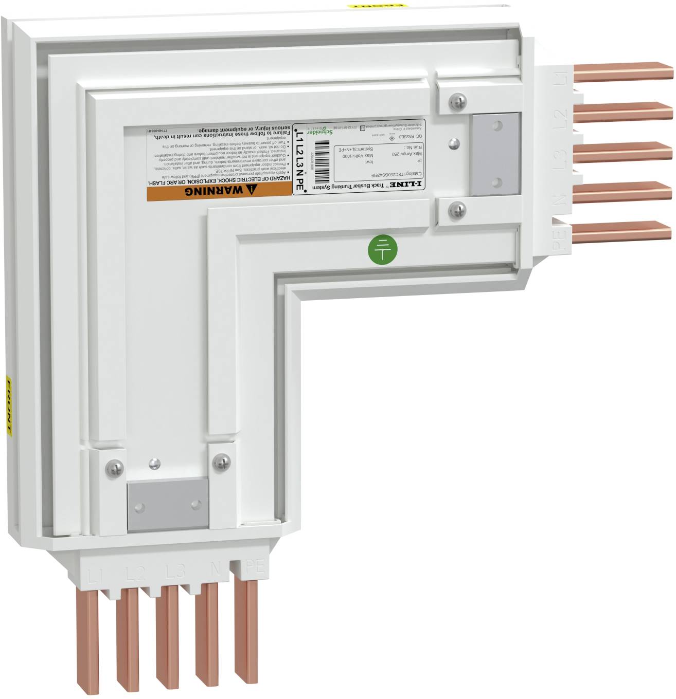 White L-shaped electrical connector block with copper contacts and grounding symbol<br>