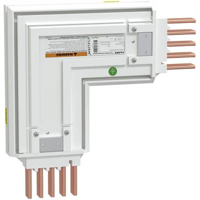 White L-shaped electrical connector block with copper contacts and grounding symbol<br>