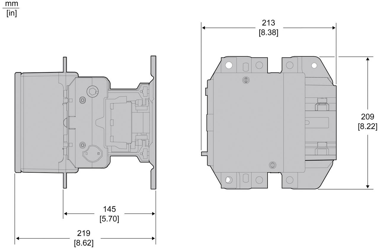 Technical drawing of a device shown in side and front views with dimensions in mm and inches: 219 x 209 mm overall, 145 mm depth.