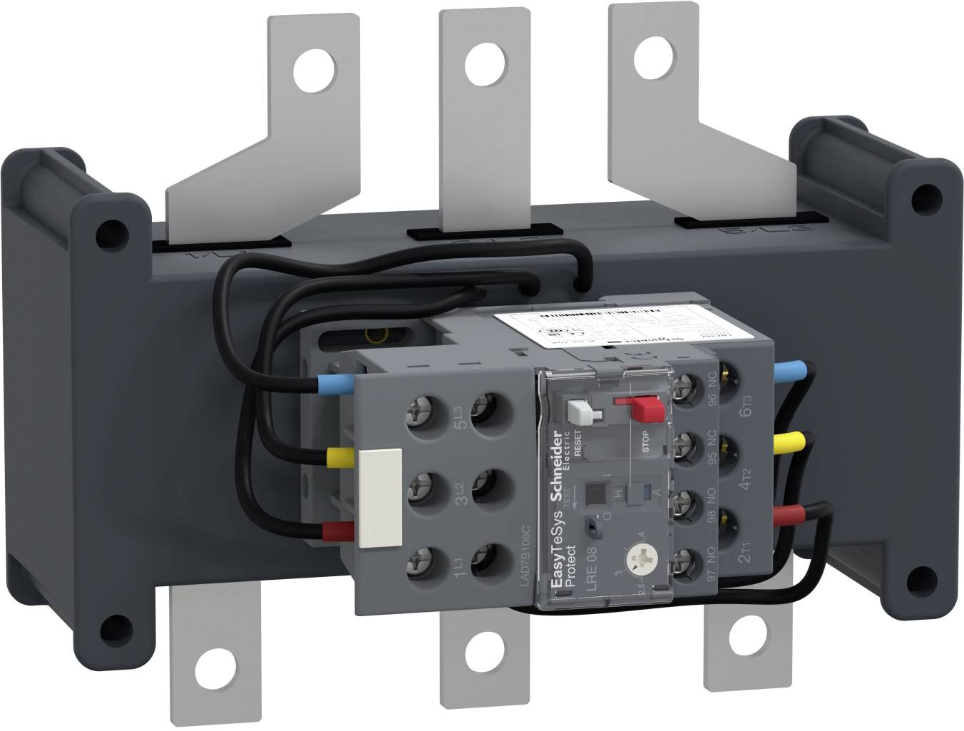 An electrical circuit breaker assembly with three metal bus bars and color-coded wires mounted on a dark housing.