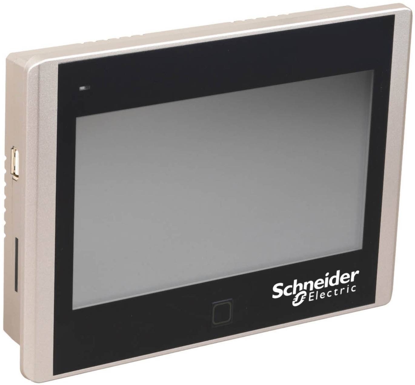 A Schneider Electric touchscreen control panel with a blank display and black bezel, shown at an angle against a white background.