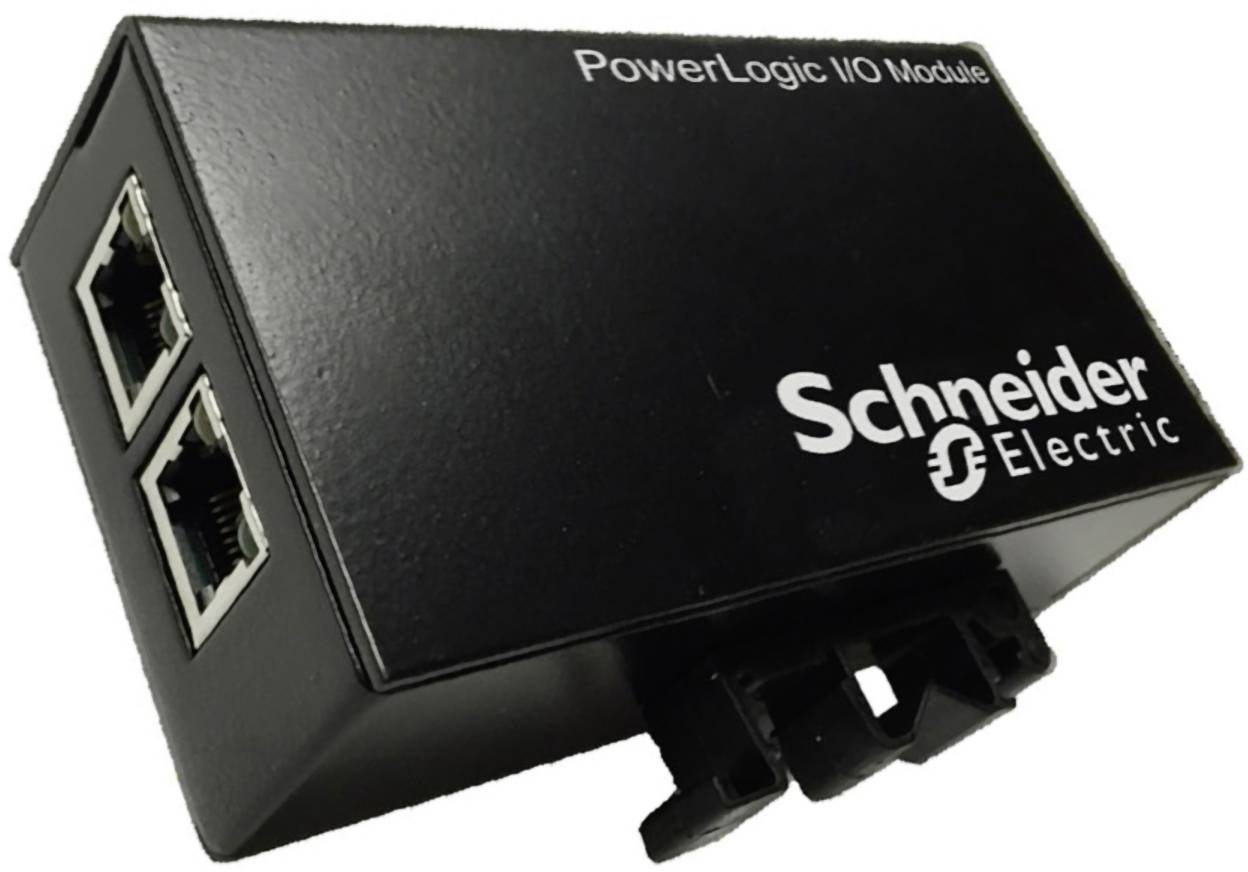 Black Schneider Electric PowerLogic I/O Module with two Ethernet ports and mounting clip on white background