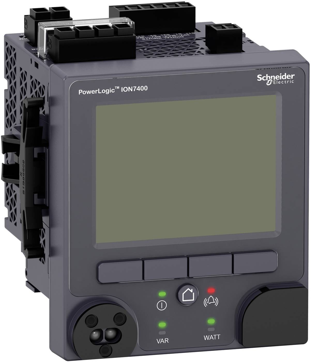 Schneider Electric PowerLogic ION7400 power meter with blank display, buttons, and status LEDs.
