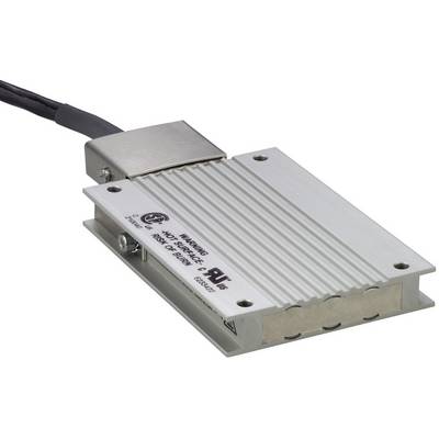 Silver finned aluminum electronic module with attached black cable, shown on a white background.