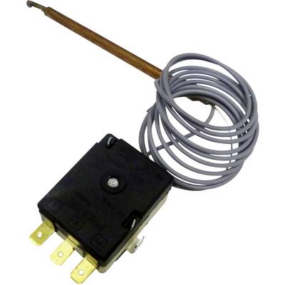 Coiled capillary thermostat temperature sensor with copper probe and black electrical switch housing with terminals.