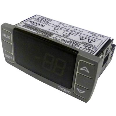 Digital temperature controller module with dark display, AUX and SET buttons on the left, up/down arrows on the right, labeled TX05O.