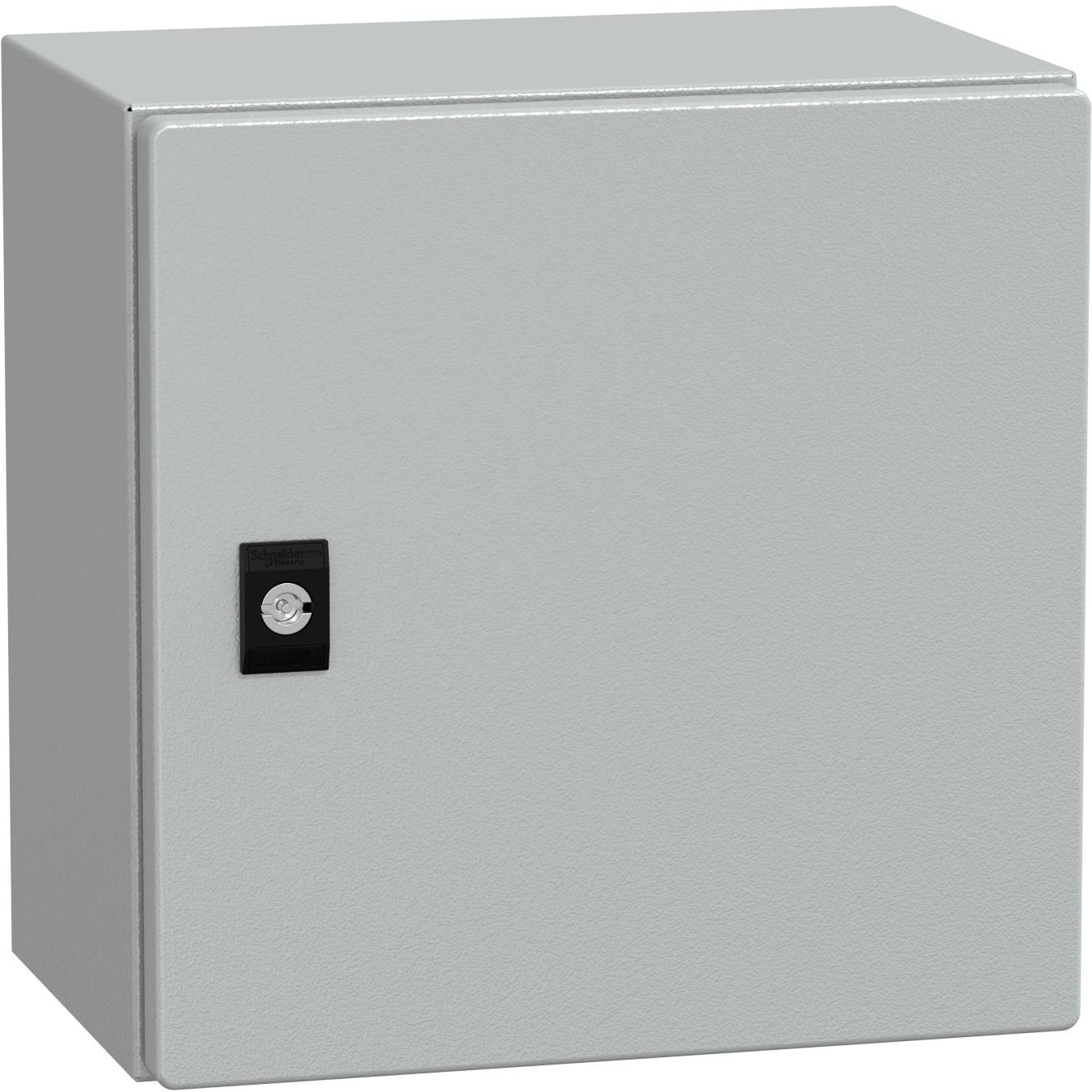Closed gray metal electrical cabinet with a small key lock on the front door.