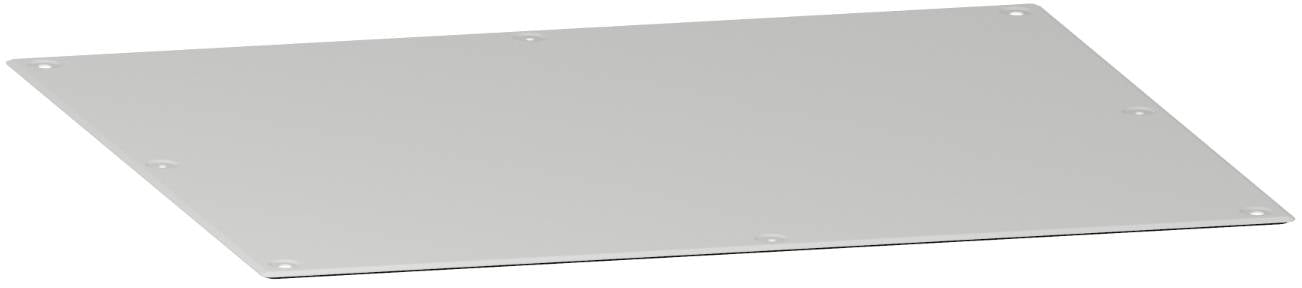A rectangular light gray metal mounting plate with rounded corners and several small screw holes around the edges.