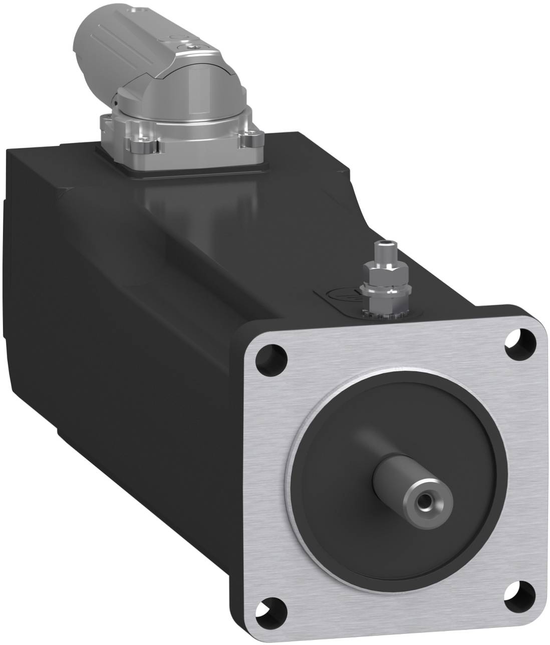 3D rendering of a black industrial electric motor with a silver front mounting plate and central shaft<br>