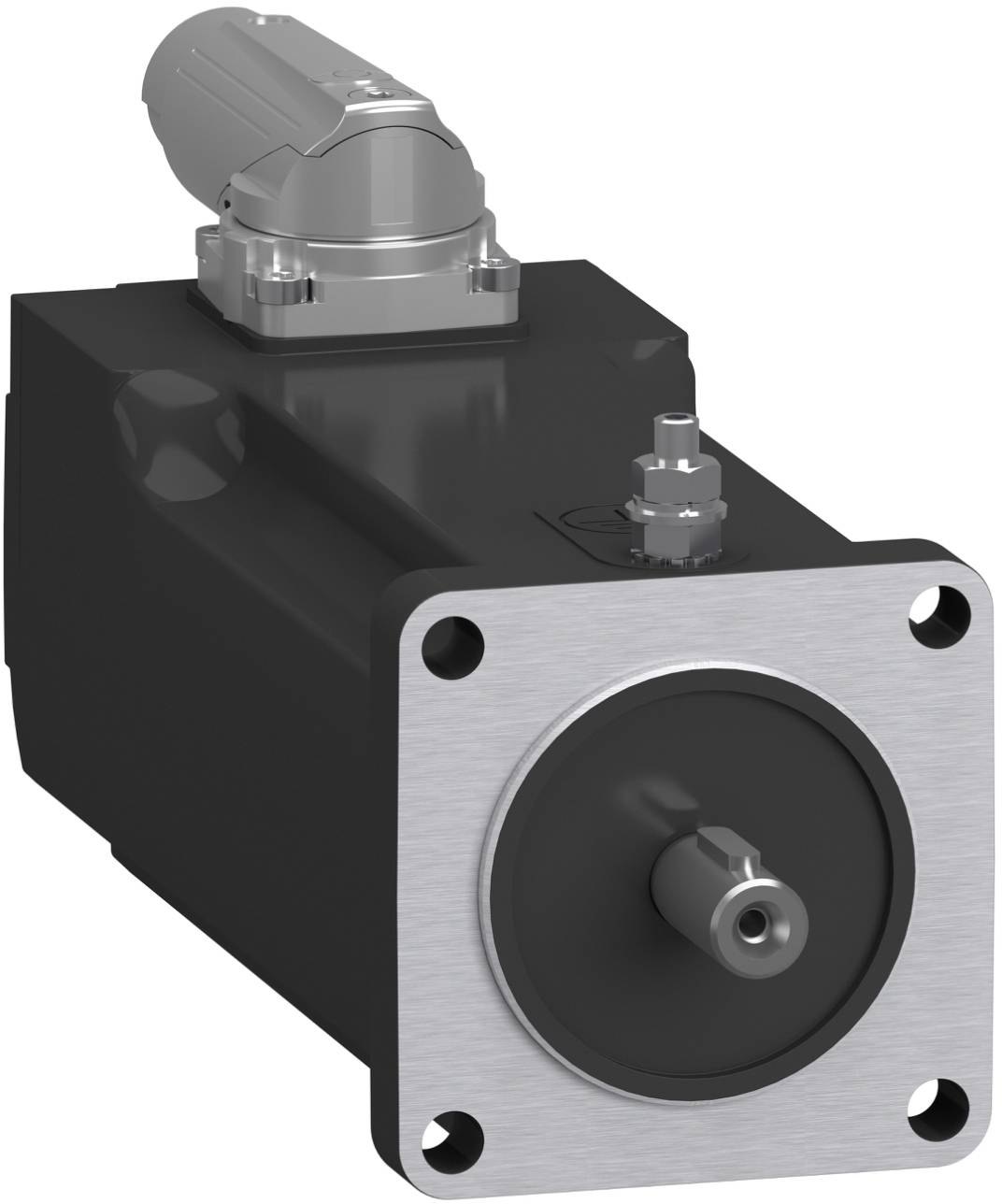 Industrial electric motor with a square front flange and protruding shaft, shown in a product-style 3D rendering.