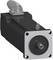 Industrial electric motor with a black rectangular housing, silver mounting flange, and protruding front shaft, shown on a white background.