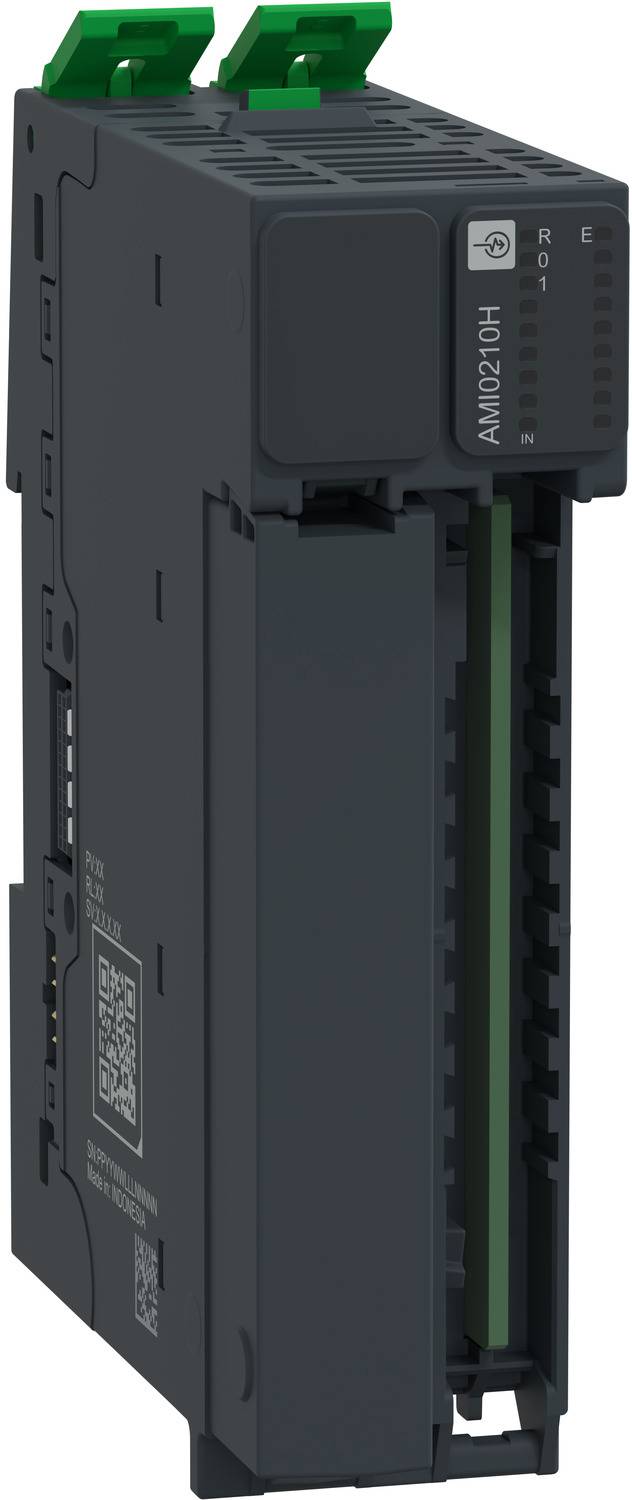 Black industrial electronic module with green terminal connectors and front status LEDs, labeled 'AM0210H'.
