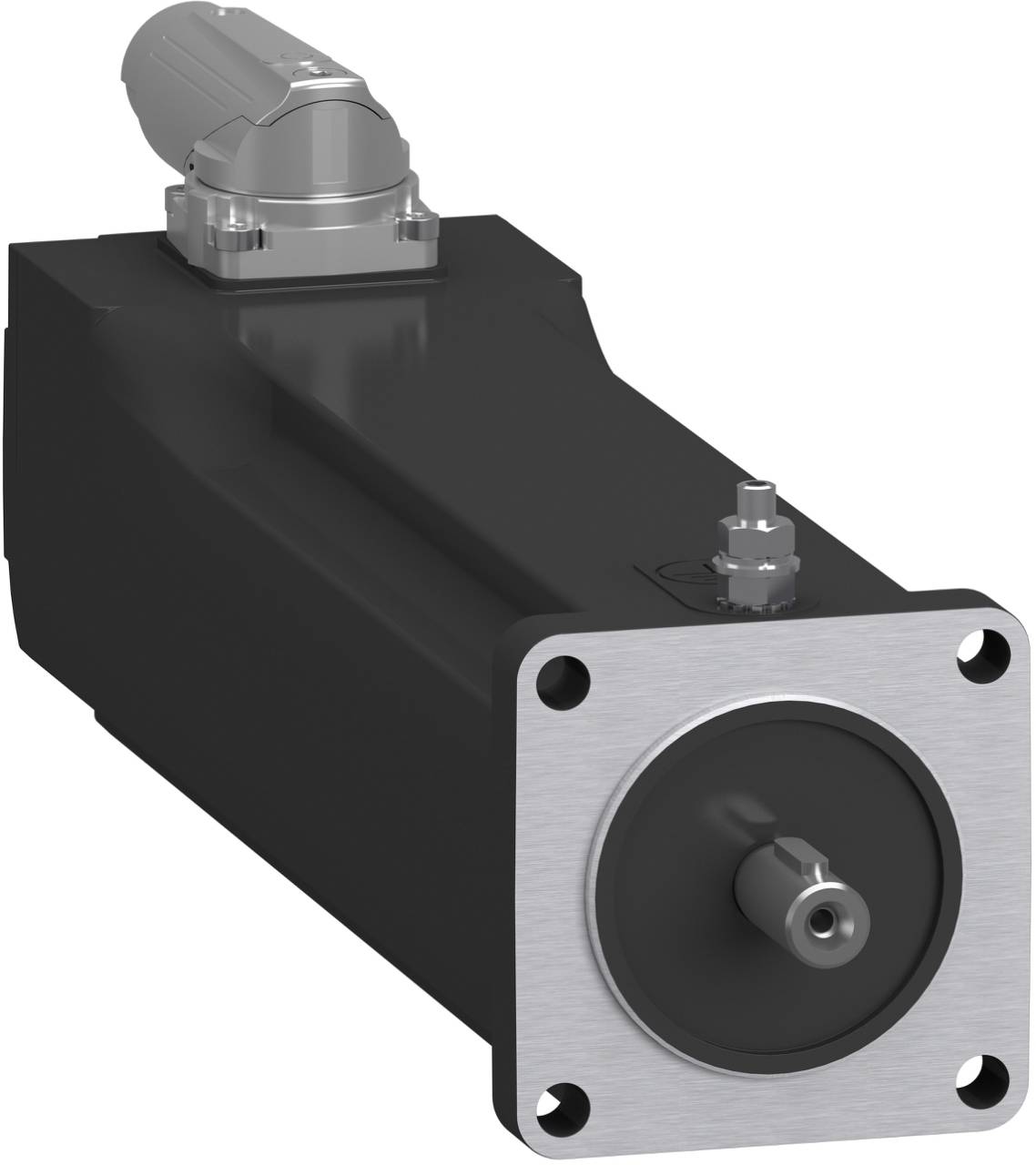 Industrial servo motor with square metal front flange and central shaft, shown in a 3D product rendering on a white background.