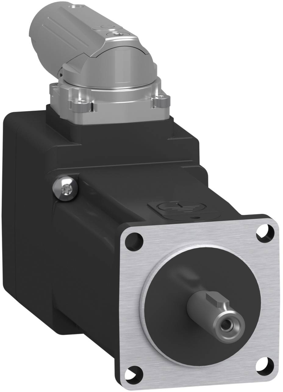 Close-up of a black industrial motor or actuator with a silver flange and central shaft, shown against a white background.<br>
