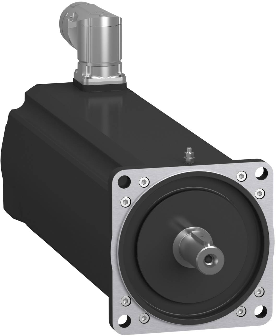 Black industrial servo motor with square front flange and central shaft on a white background.