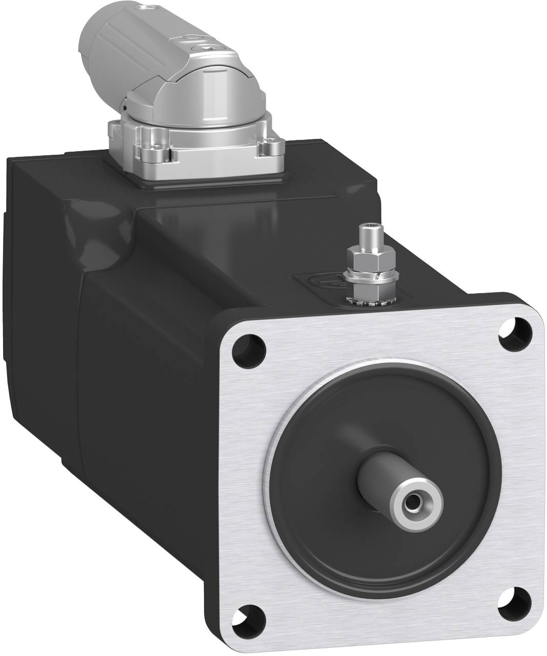 Industrial electric motor with a square mounting face, central shaft, and top-mounted connector on a black housing.<br>