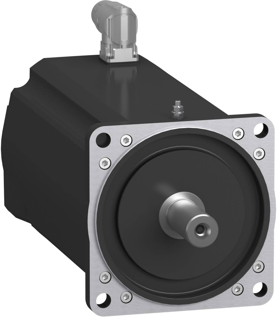 Industrial electric servo motor with black housing, silver mounting flange, and protruding shaft, shown on a white background.
