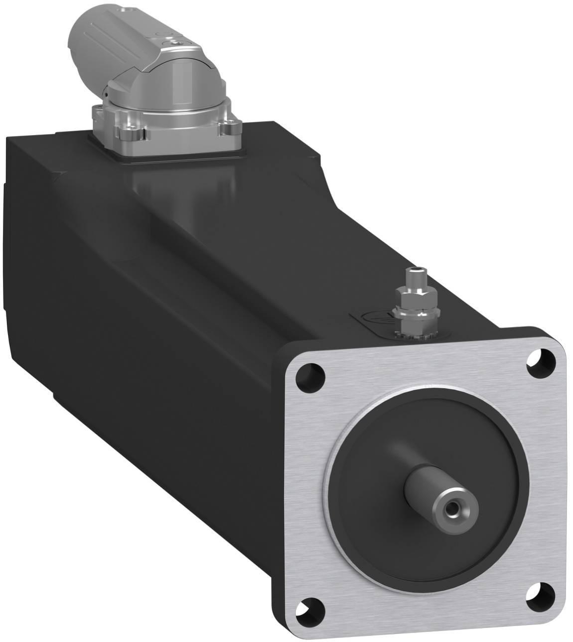 Industrial electric motor with a black rectangular housing, silver front flange, and shaft protruding from the center.