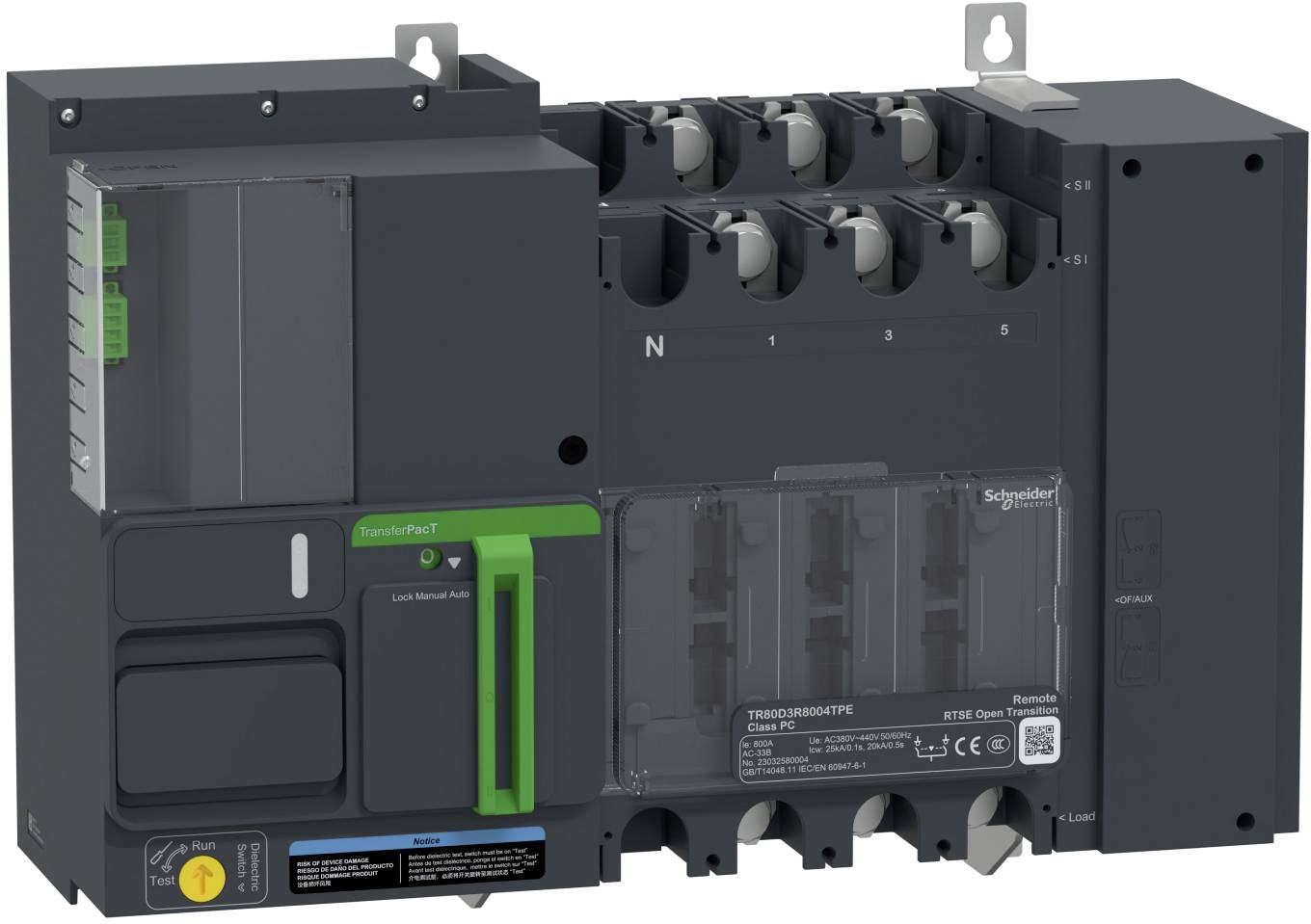 Black Schneider Electric circuit breaker, a molded-case switchgear unit with green status accents and labeled terminals.