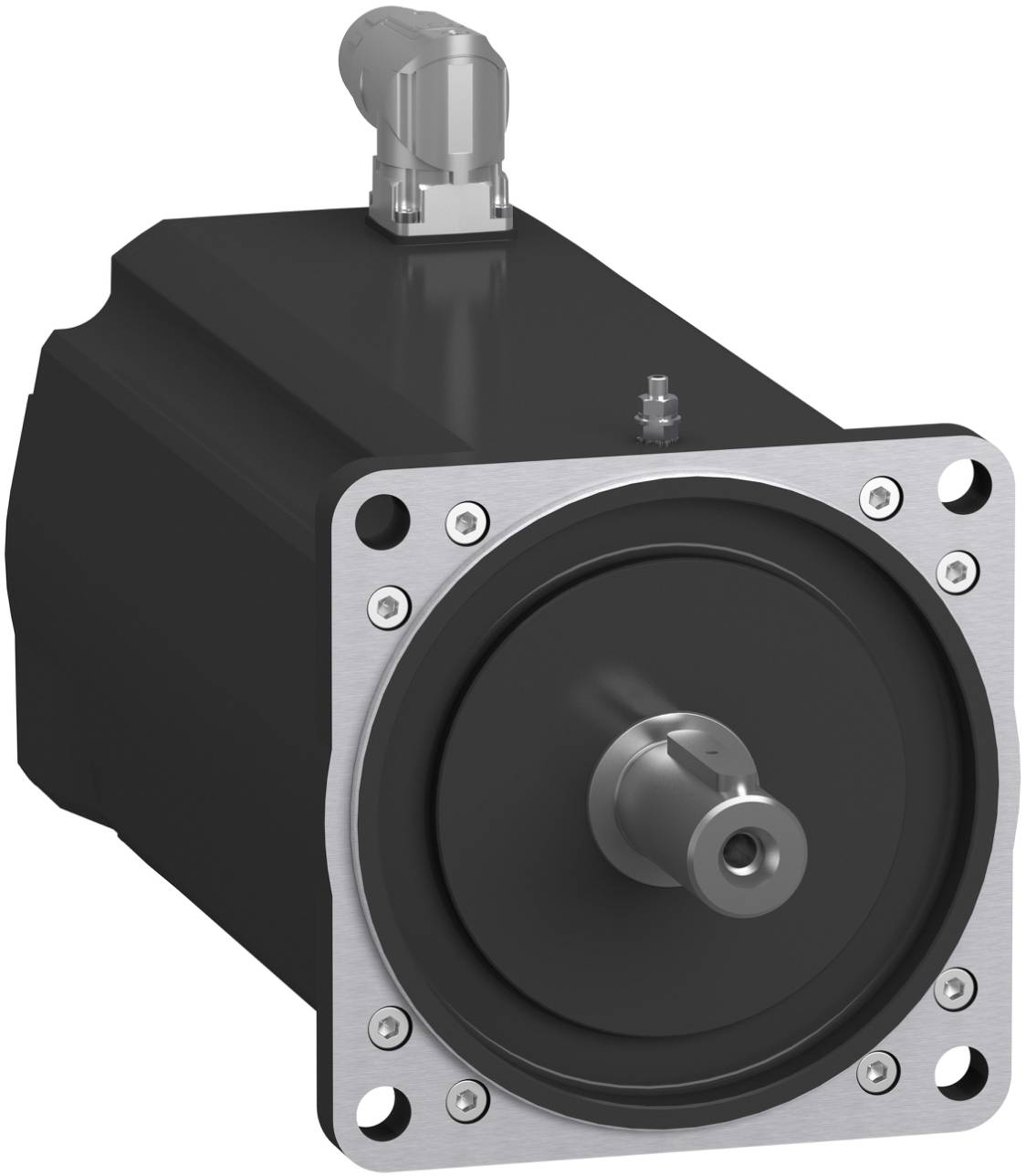 Industrial electric motor with a square mounting face and protruding shaft, shown in a product-style view on a white background.