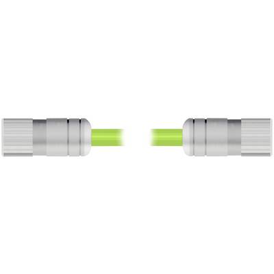 Two silver cable connectors facing each other with a green signal line bridging the gap between them.