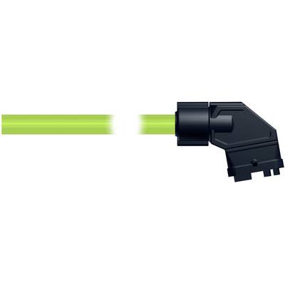 Black right-angle connector attached to a green cable or hose against a white background.