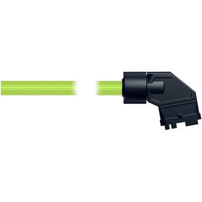Black right-angle cable connector attached to a bright green cable, shown close up on a white background.