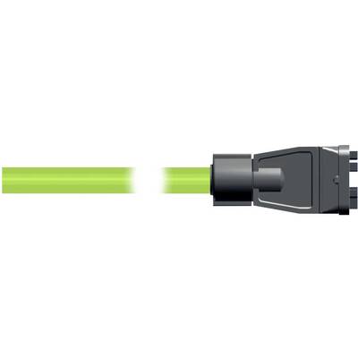 Green cable with glowing light passes into a black connector plug on a white background.