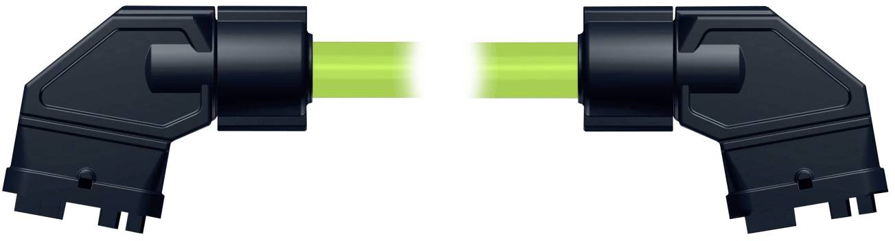Two black 90-degree pipe elbow fittings connected by a bright green horizontal pipe segment on a white background.