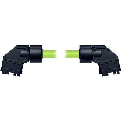 Illustration of two black right-angle network cable connectors linked by a glowing green cable segment.