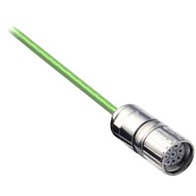 Green optical fiber cable with a metal connector end, shown diagonally on a white background.