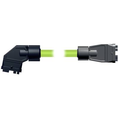 Two black Ethernet cable connectors facing each other, joined by a green network cable, on a white background.